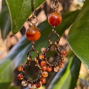 Carnelian Beaded Dangling Hoop Earrings